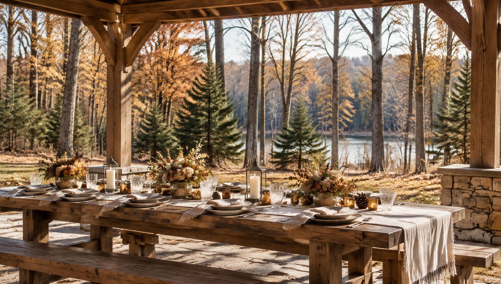An autumn picnic table beneath a woodland pavilion, an illustration of the gathering's atmosphere